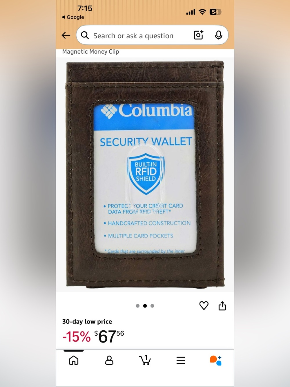 Columbia Brown Leather RFID Security Magnetic Close Wallet NWOT